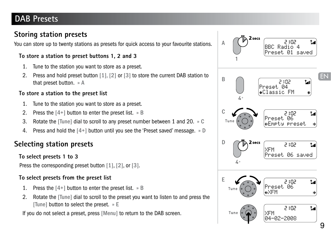 Dab presets, Storing station presets, Selecting station presets | Pure Highway User Manual | Page 11 / 24