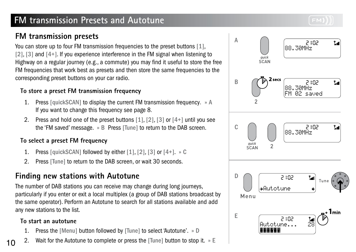 Fm transmission presets and autotune, 10 fm transmission presets, Finding new stations with autotune | Pure Highway User Manual | Page 12 / 24