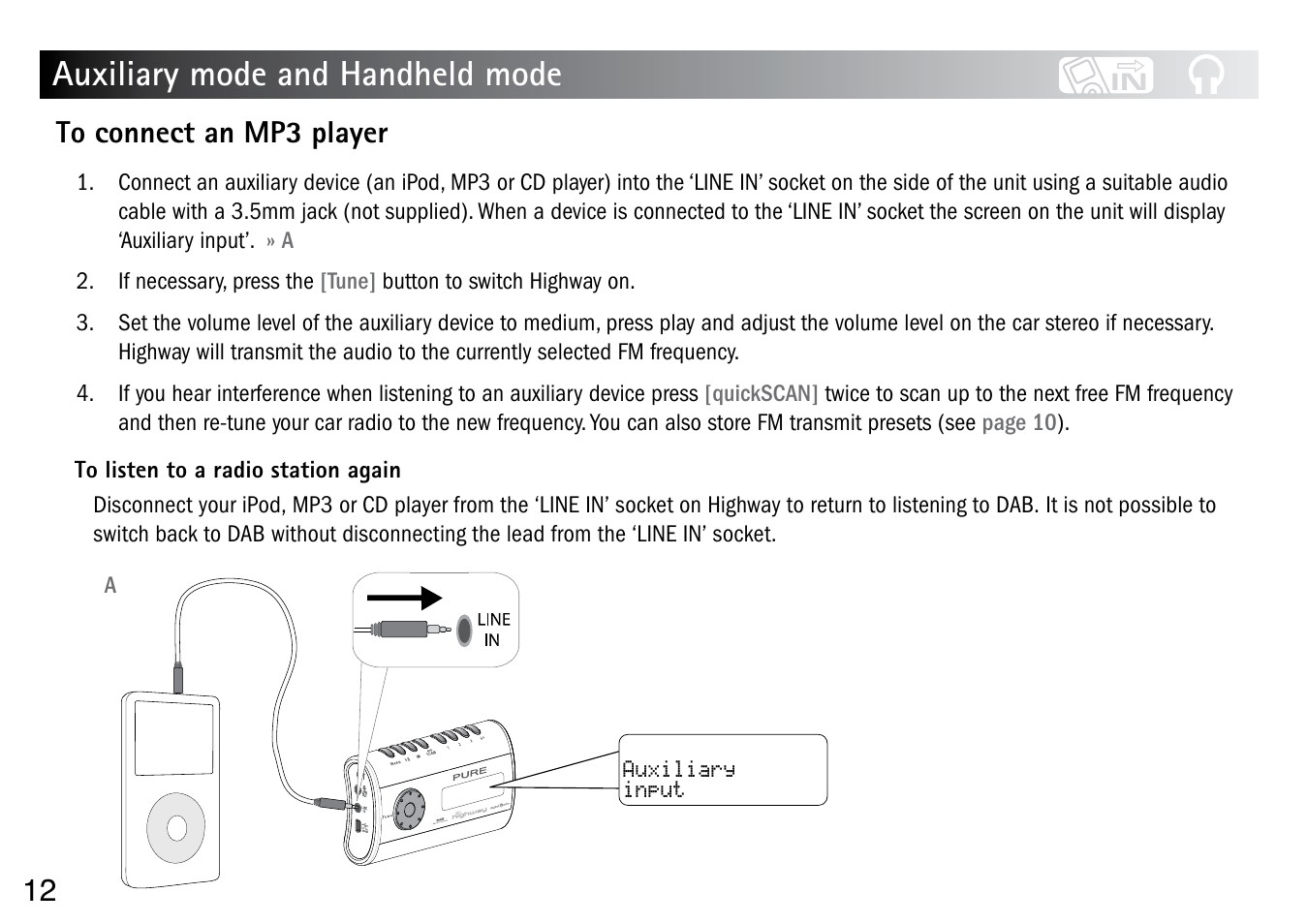 Auxiliary mode and handheld mode, 12 to connect an mp3 player | Pure Highway User Manual | Page 14 / 24
