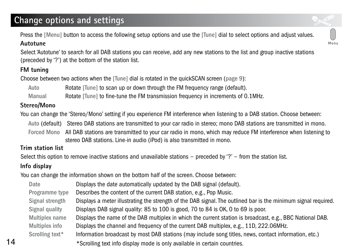 Change options and settings | Pure Highway User Manual | Page 16 / 24