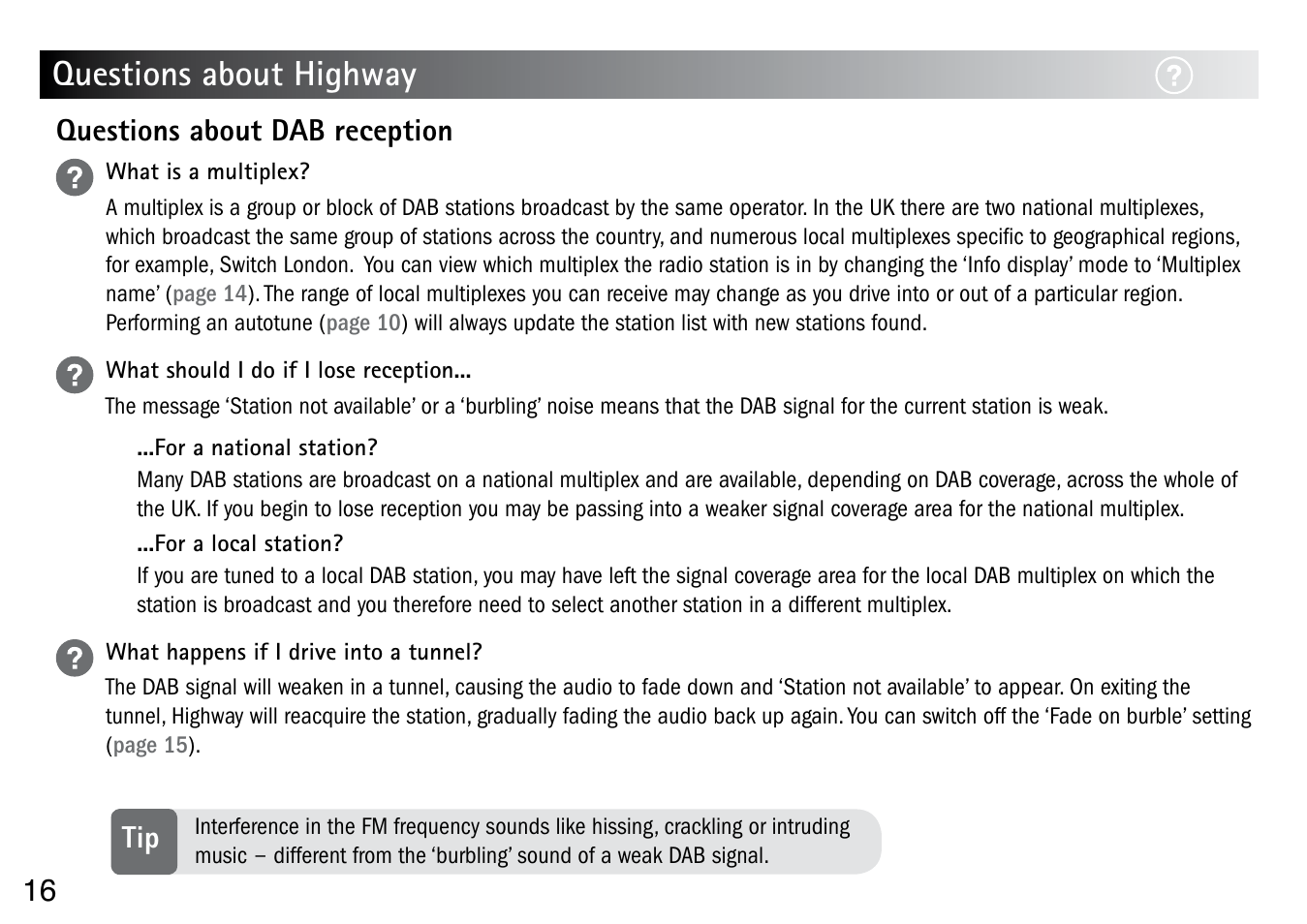 Questions about highway, Questions about dab reception tip | Pure Highway User Manual | Page 18 / 24