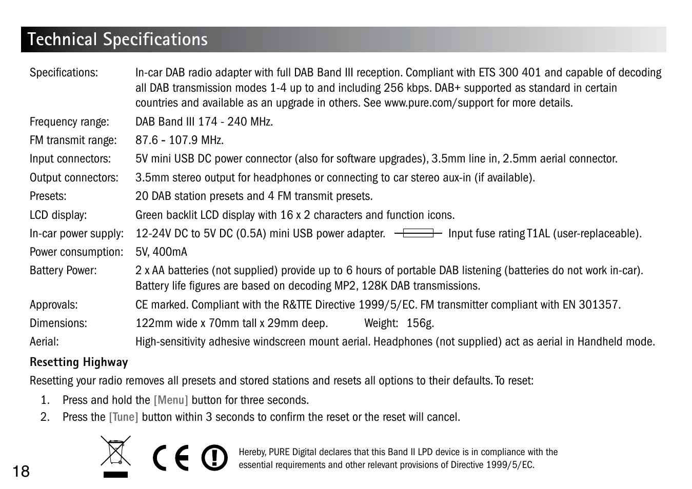 Technical specifications | Pure Highway User Manual | Page 20 / 24