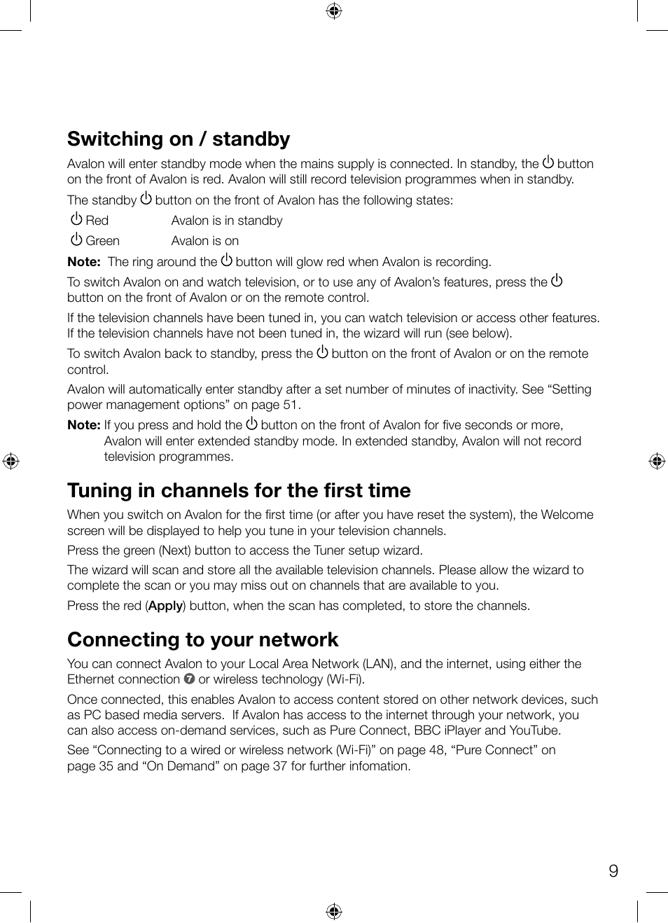 Switching on / standby, Tuning in channels for the first time, Connecting to your network | Pure Avalon 300R Connect User Manual | Page 13 / 64
