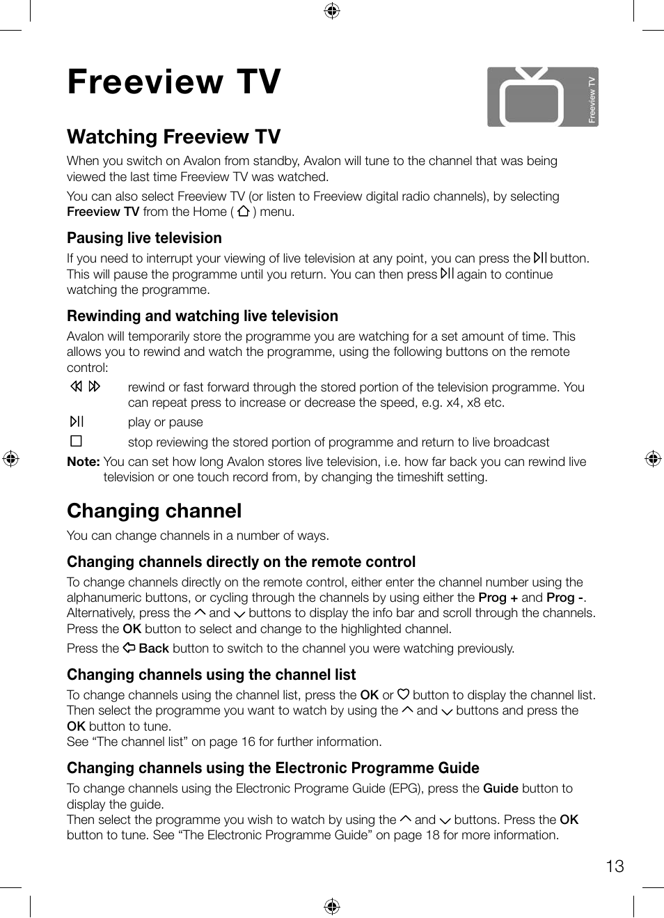 Freeview tv, Watching freeview tv, Changing channel | Pure Avalon 300R Connect User Manual | Page 17 / 64