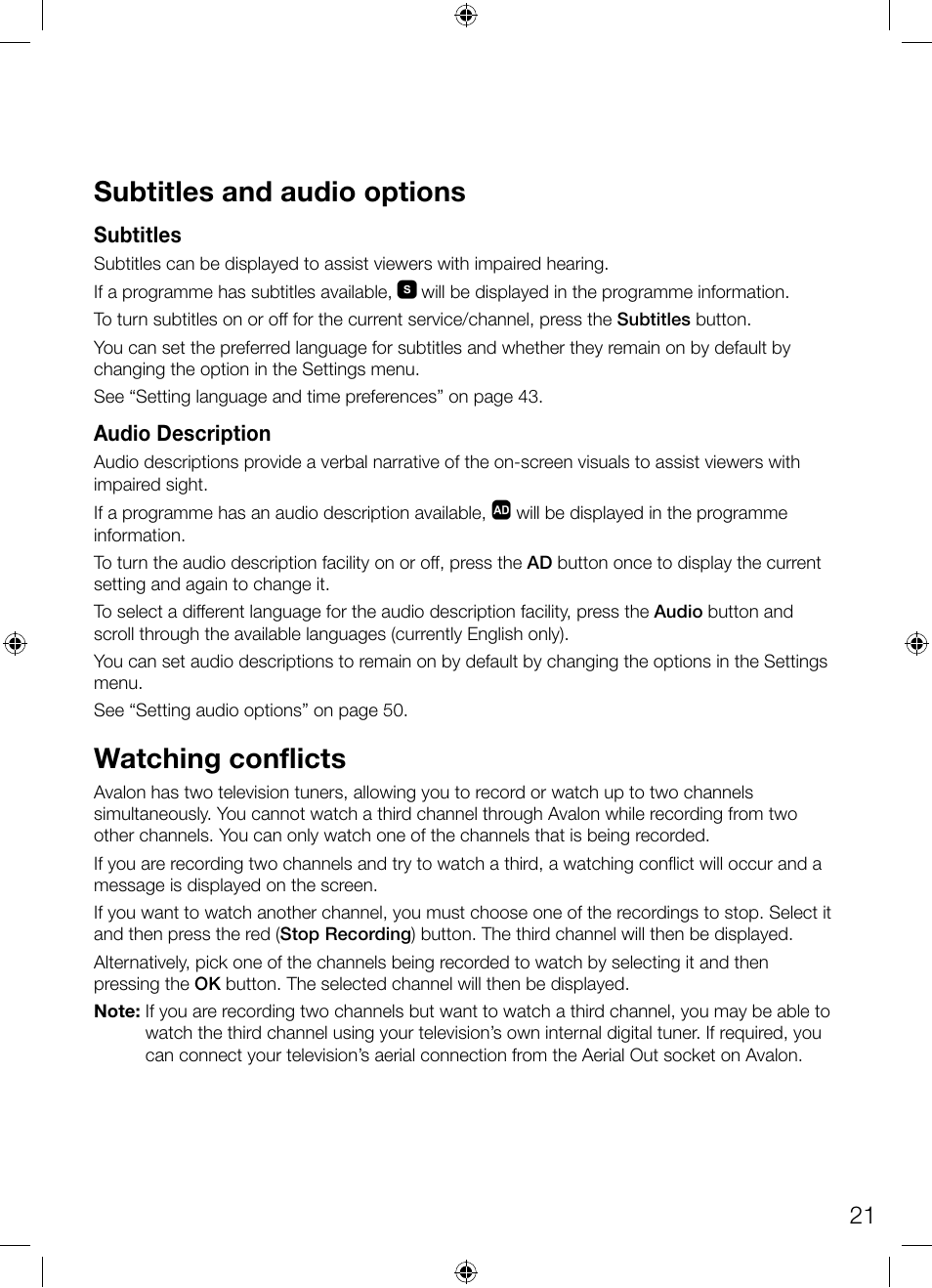 Subtitles and audio options, Watching conflicts | Pure Avalon 300R Connect User Manual | Page 25 / 64