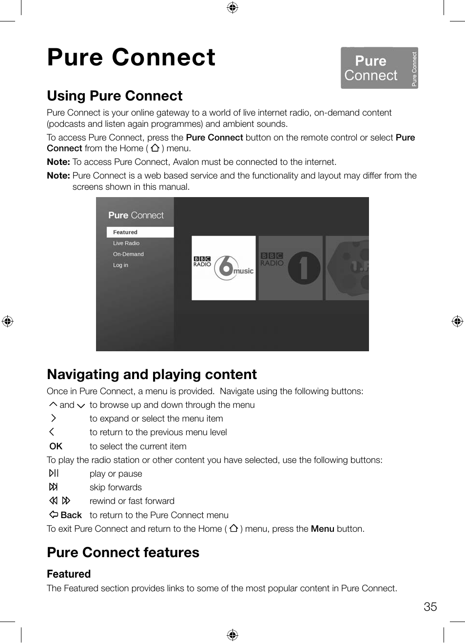 Pure connect, Using pure connect, Navigating and playing content | Pure connect features | Pure Avalon 300R Connect User Manual | Page 39 / 64