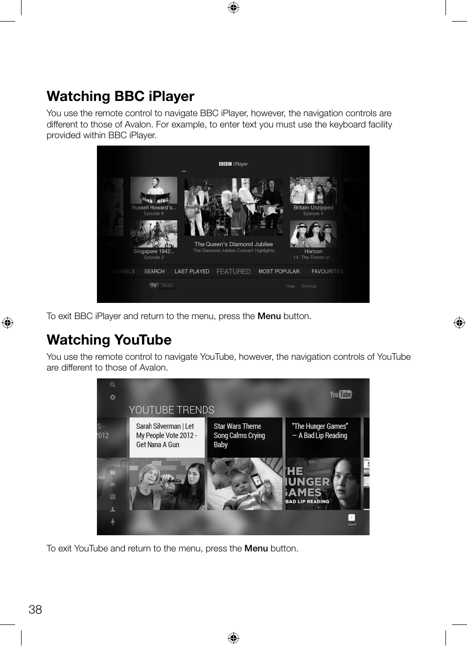 Watching bbc iplayer, Watching youtube | Pure Avalon 300R Connect User Manual | Page 42 / 64