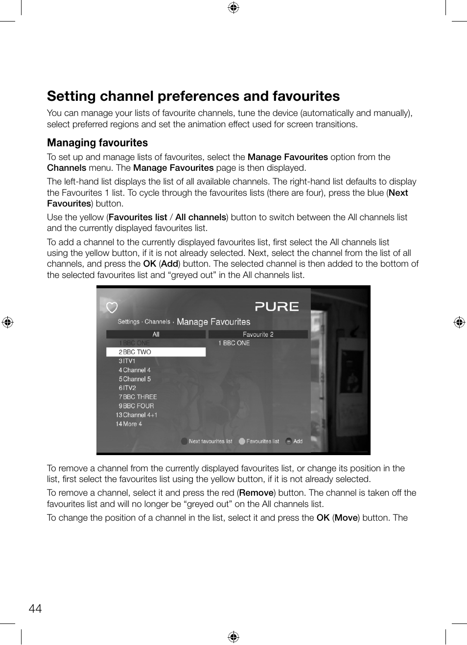 Setting channel preferences and favourites | Pure Avalon 300R Connect User Manual | Page 48 / 64