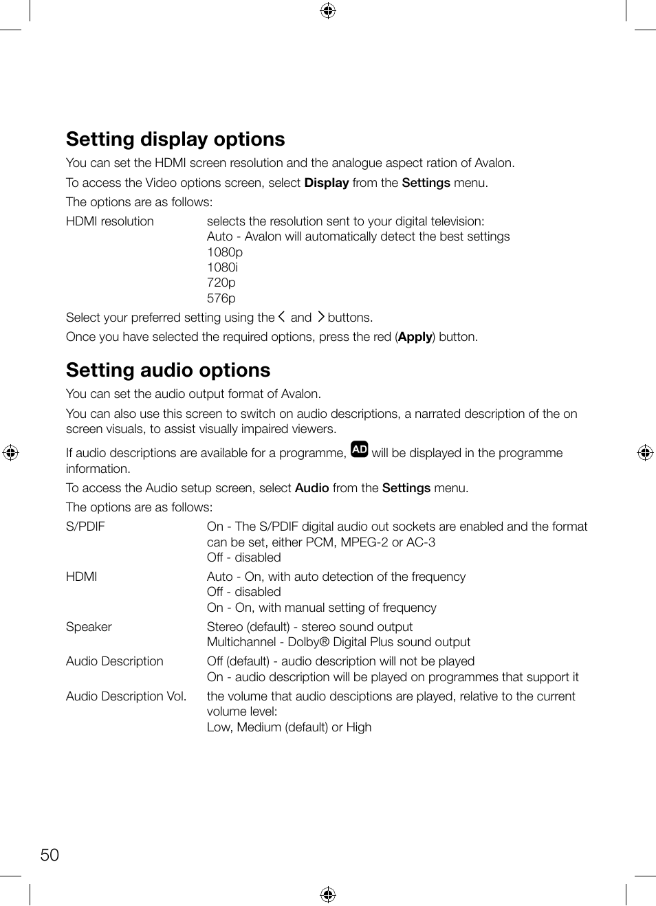 Setting display options, Setting audio options | Pure Avalon 300R Connect User Manual | Page 54 / 64