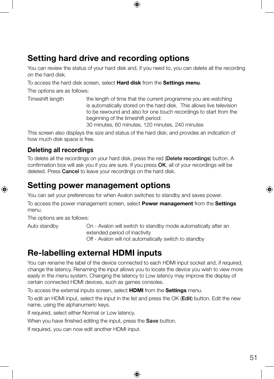 Setting hard drive and recording options, Setting power management options, Re-labelling external hdmi inputs | Pure Avalon 300R Connect User Manual | Page 55 / 64