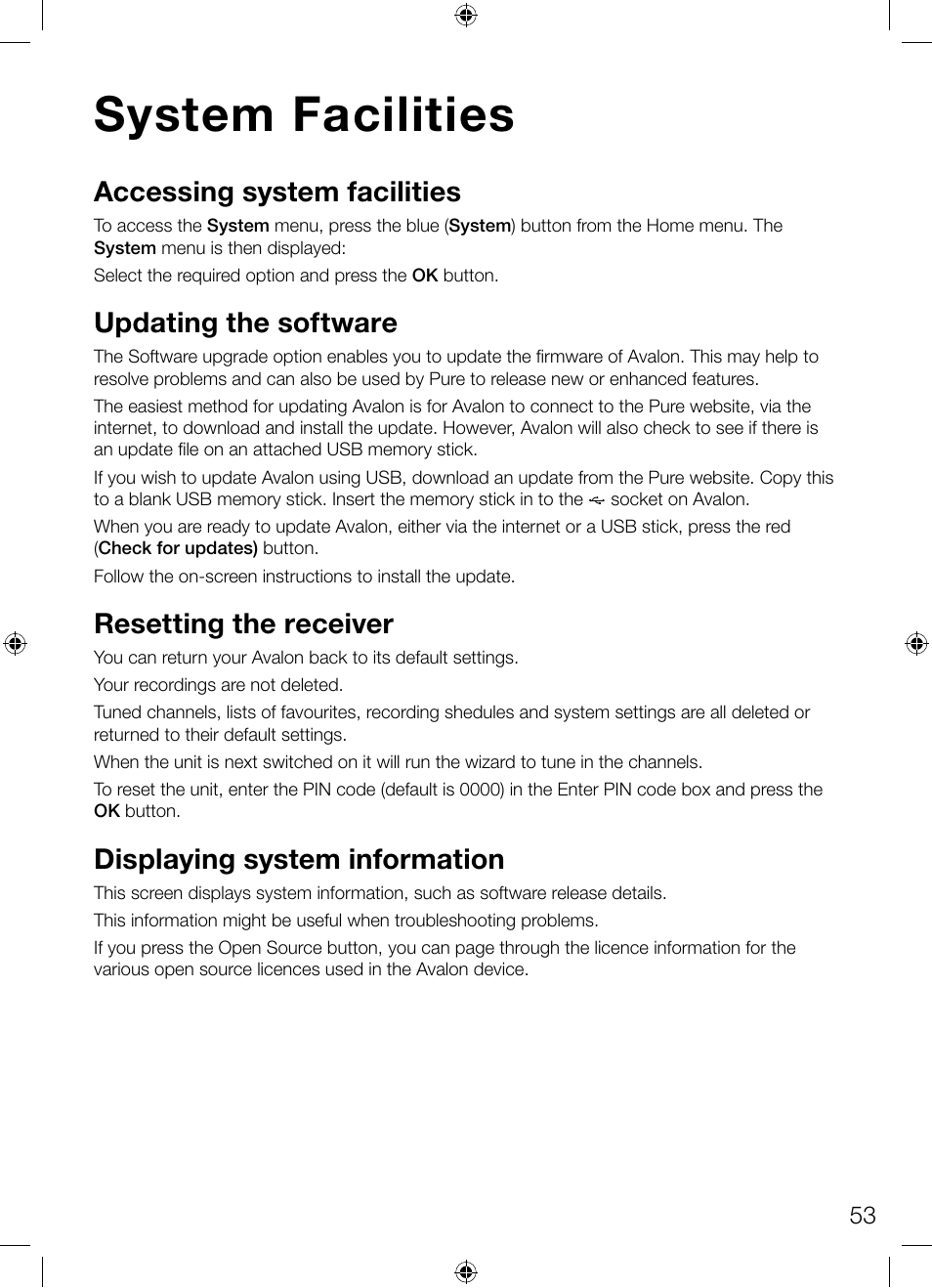 System facilities | Pure Avalon 300R Connect User Manual | Page 57 / 64