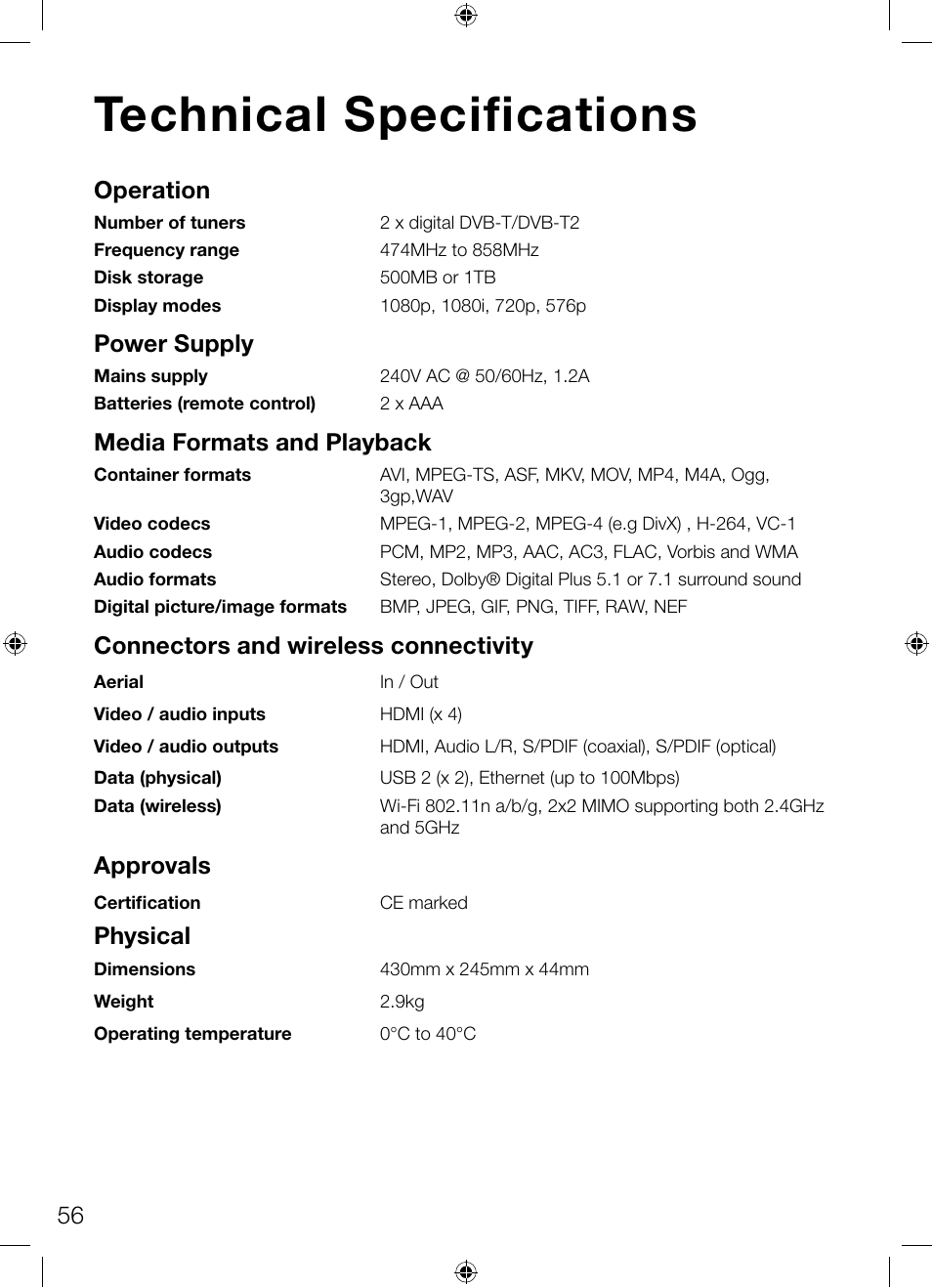Technical specifications, 56 operation, Power supply | Media formats and playback, Connectors and wireless connectivity, Approvals, Physical | Pure Avalon 300R Connect User Manual | Page 60 / 64