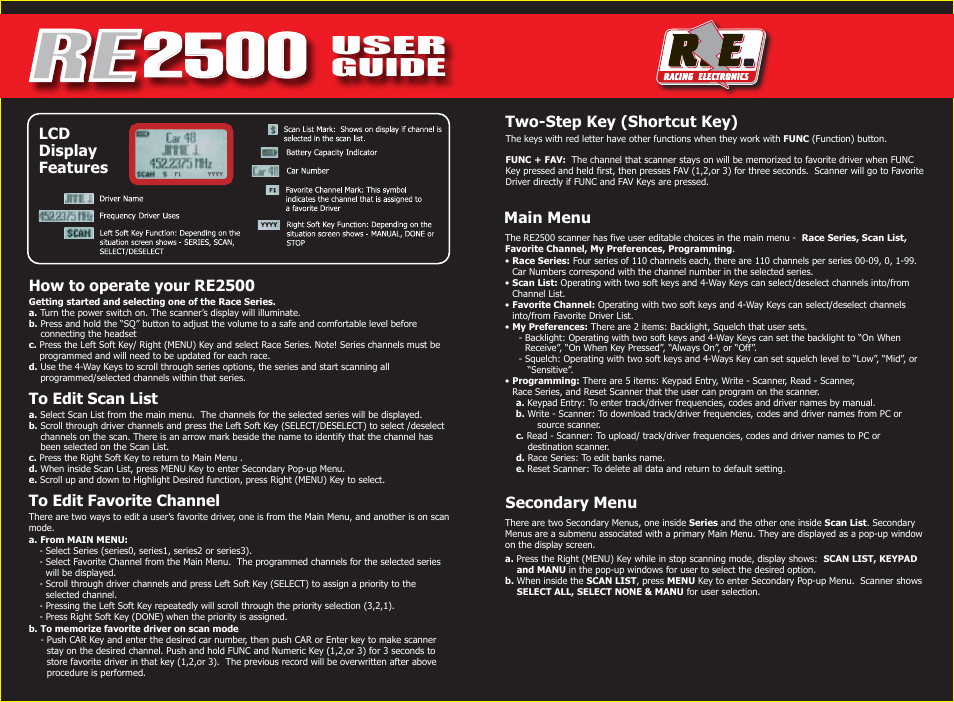 Guide user, How to operate your re2500, Lcd display features | Racing Electronics RE2500 User Manual | Page 2 / 2