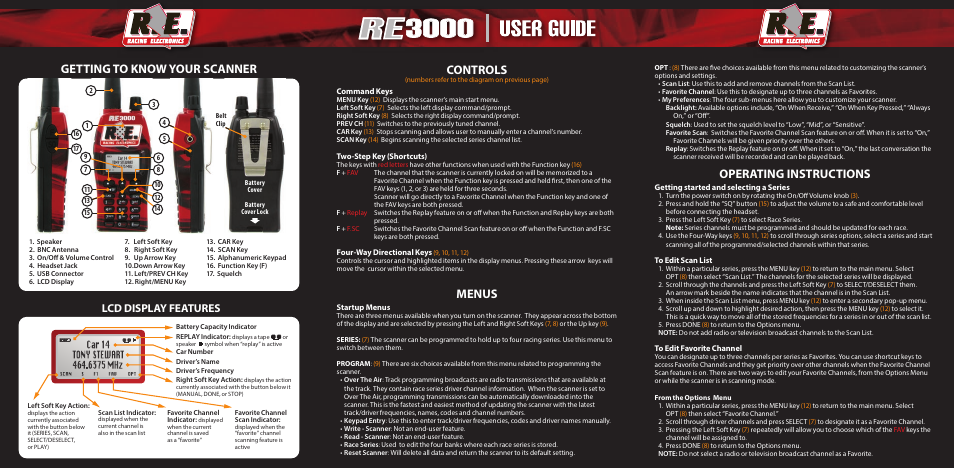 Operating instructions, Controls, Menus | Getting to know your scanner, Lcd display features | Racing Electronics RE3000 User Manual | Page 2 / 2