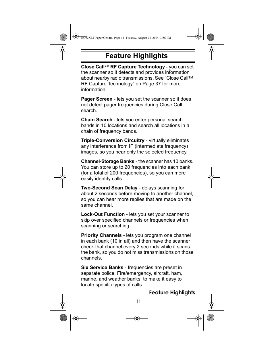 Feature highlights | Racing Electronics BC92XLT User Manual | Page 11 / 62