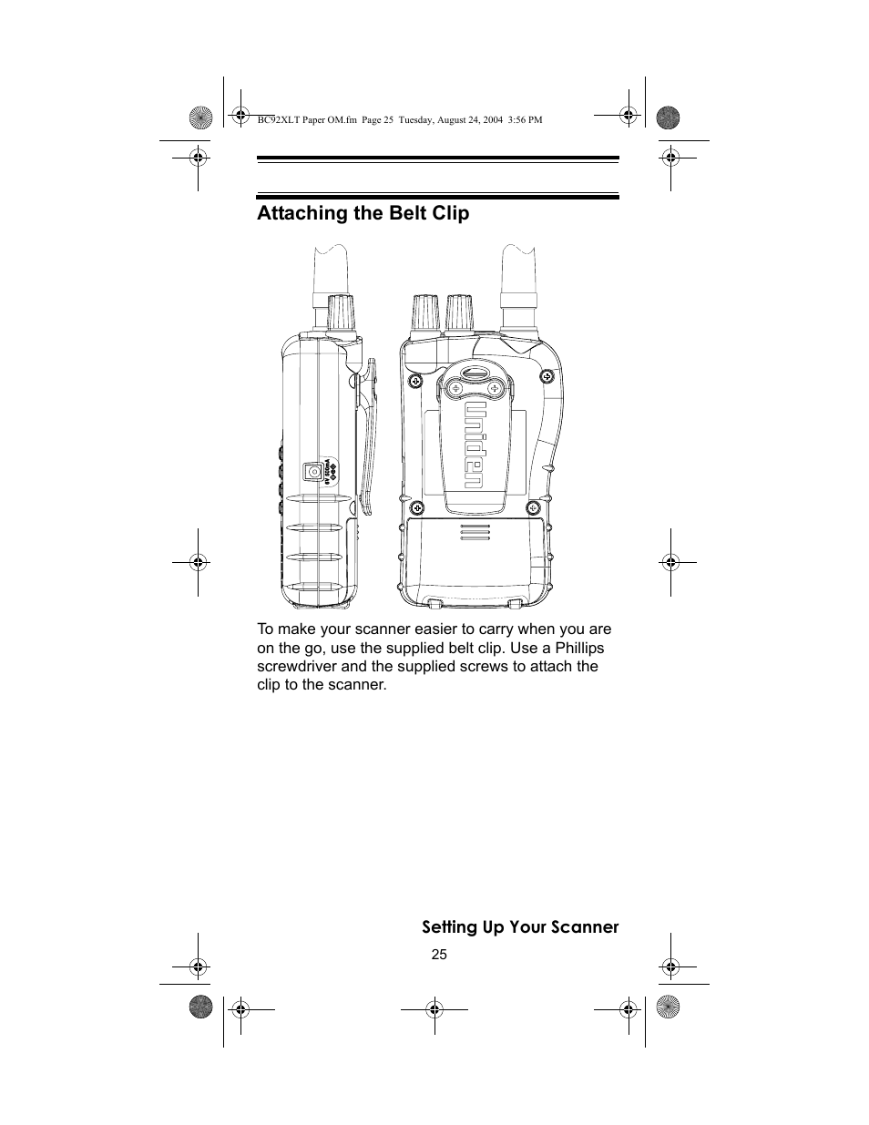 Attaching the belt clip | Racing Electronics BC92XLT User Manual | Page 25 / 62