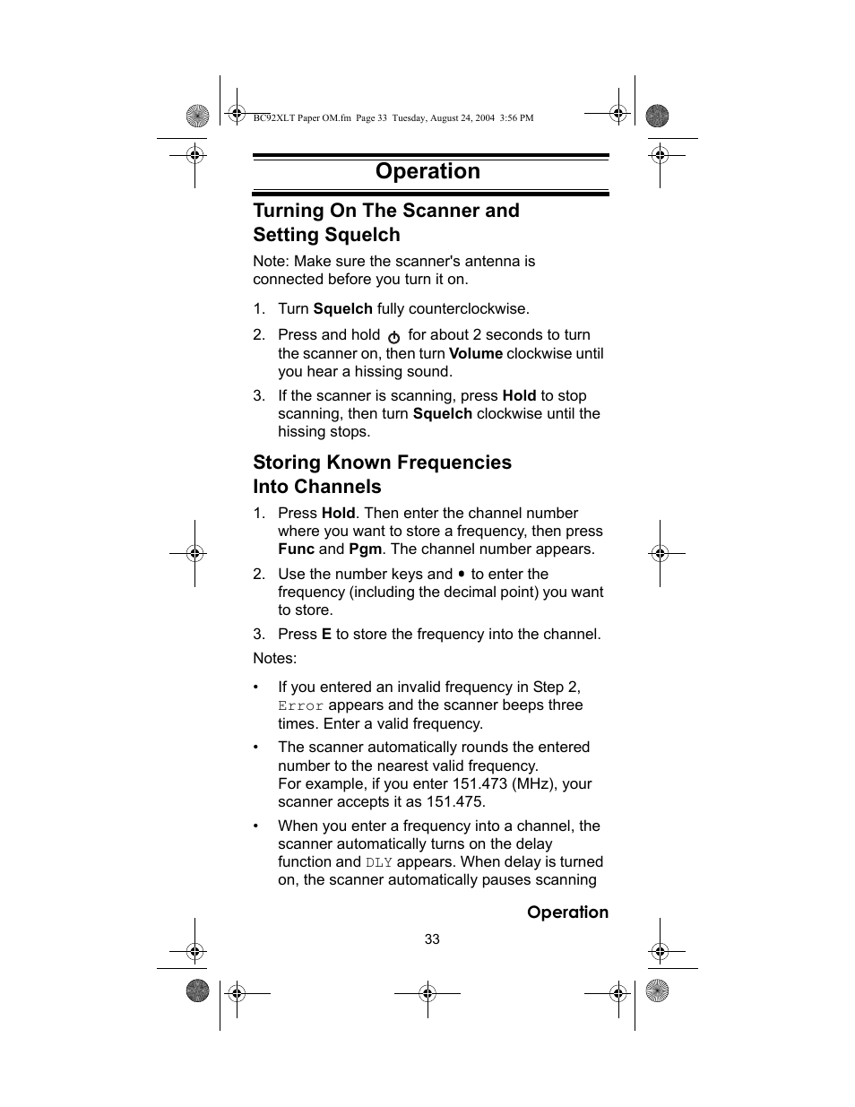 Operation, Storing known frequencies into channels | Racing Electronics BC92XLT User Manual | Page 33 / 62