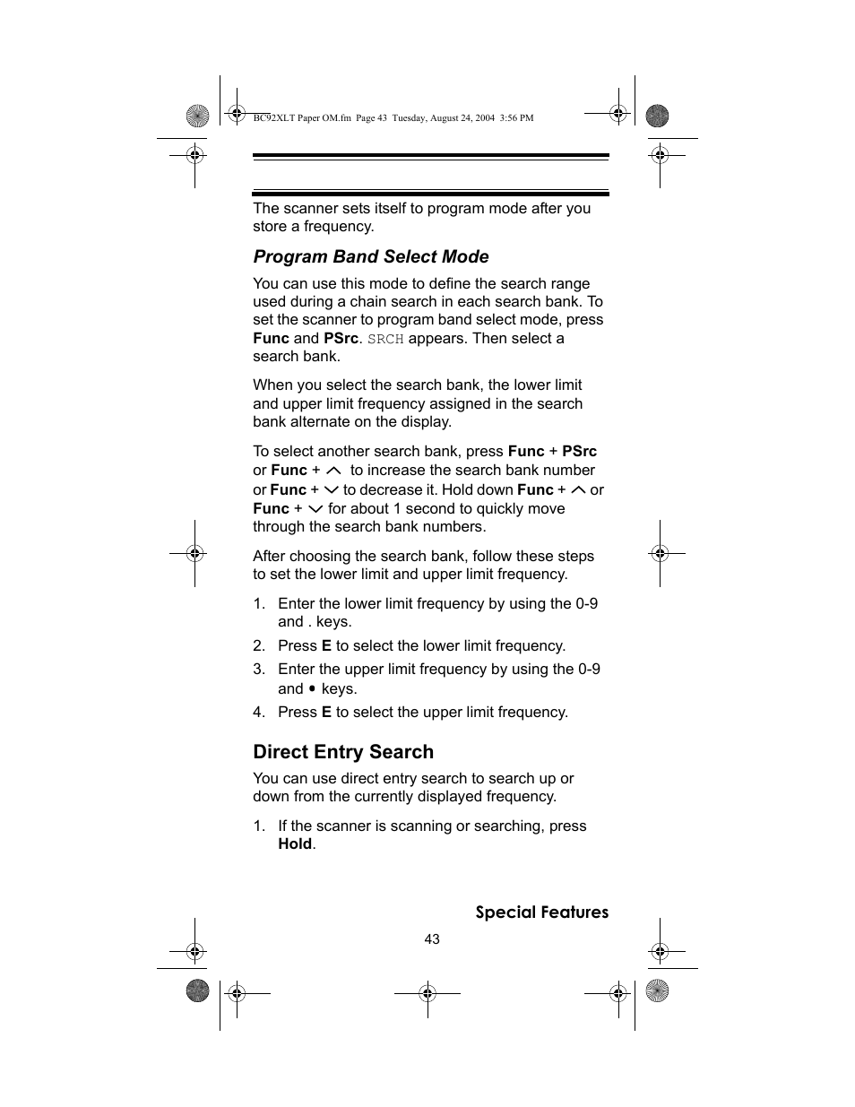 Direct entry search | Racing Electronics BC92XLT User Manual | Page 43 / 62