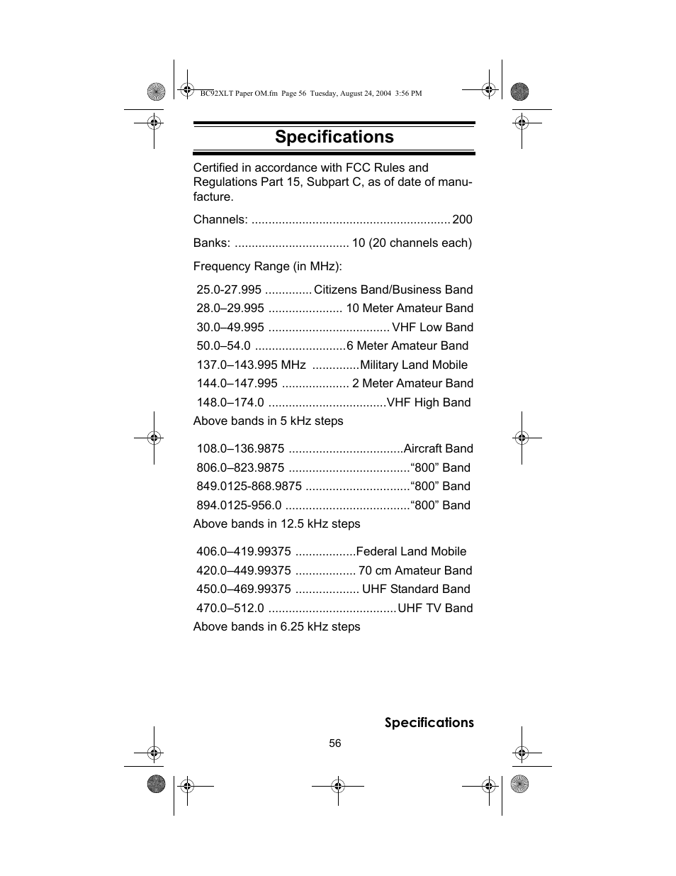 Specifications | Racing Electronics BC92XLT User Manual | Page 56 / 62