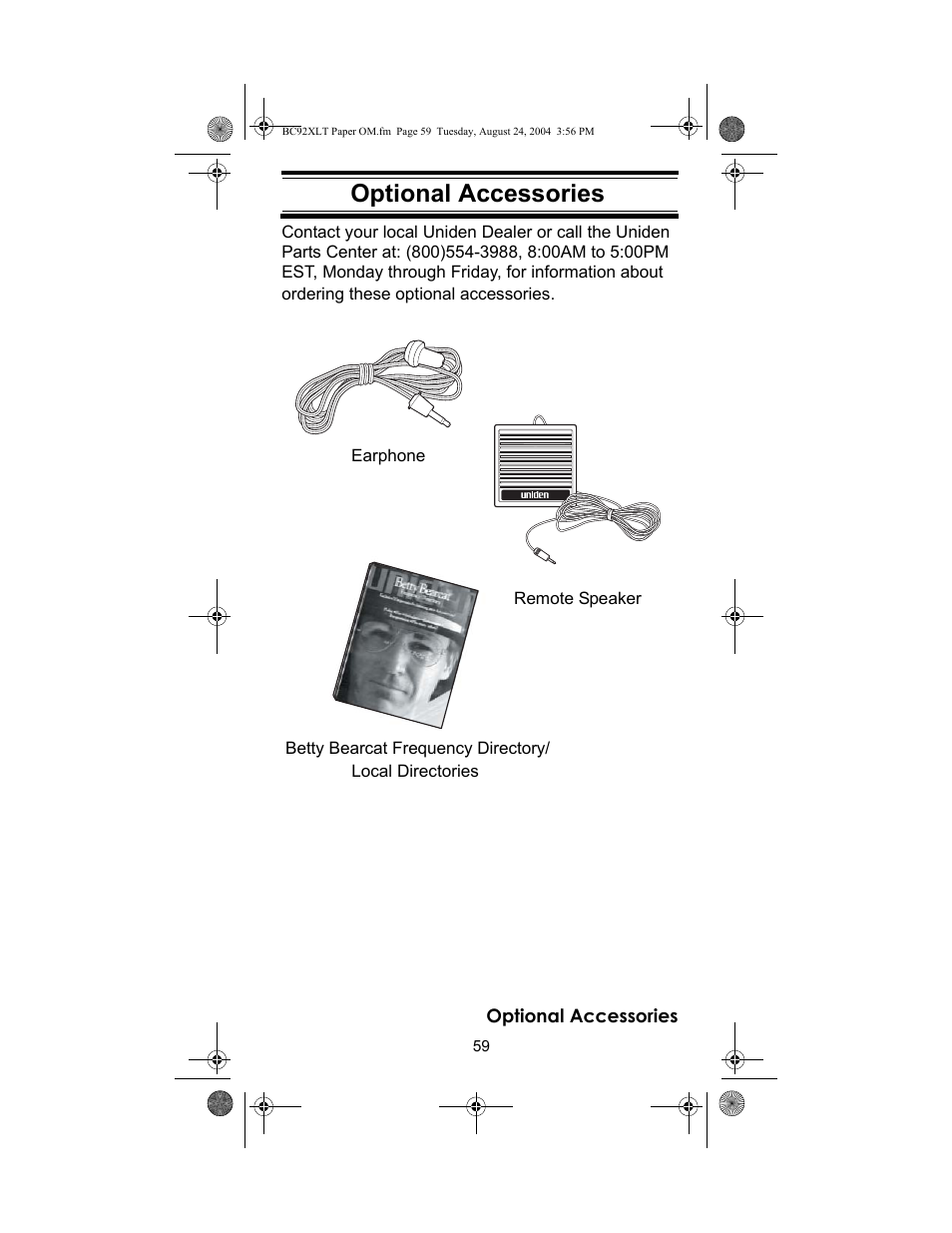 Optional accessories | Racing Electronics BC92XLT User Manual | Page 59 / 62