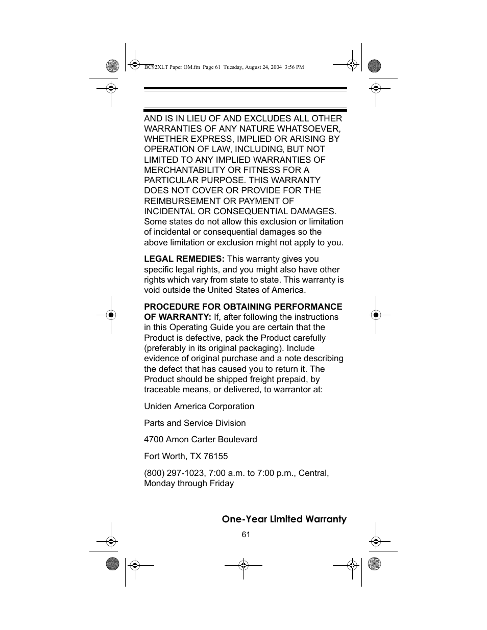 Racing Electronics BC92XLT User Manual | Page 61 / 62