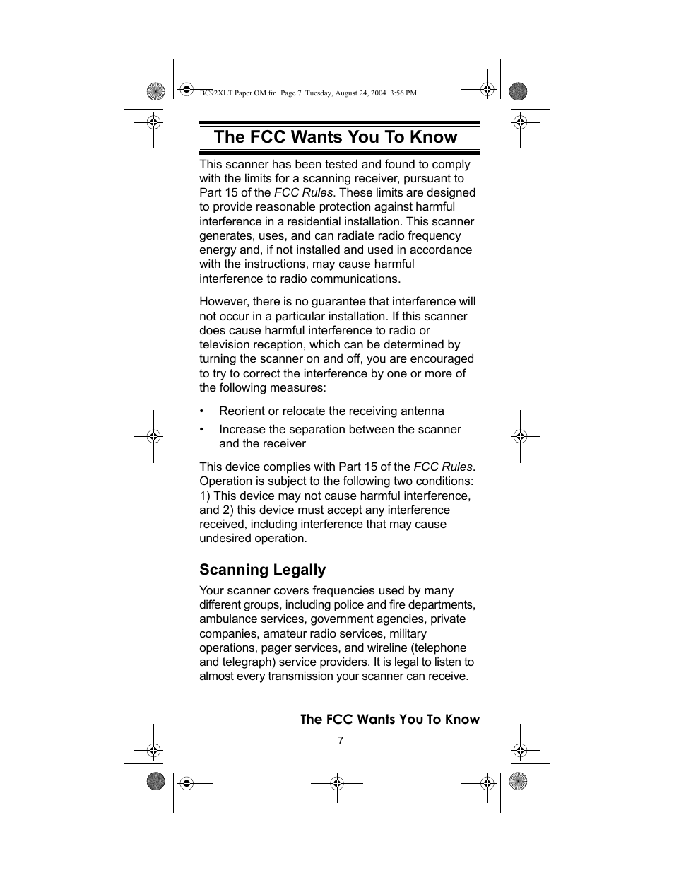 The fcc wants you to know | Racing Electronics BC92XLT User Manual | Page 7 / 62