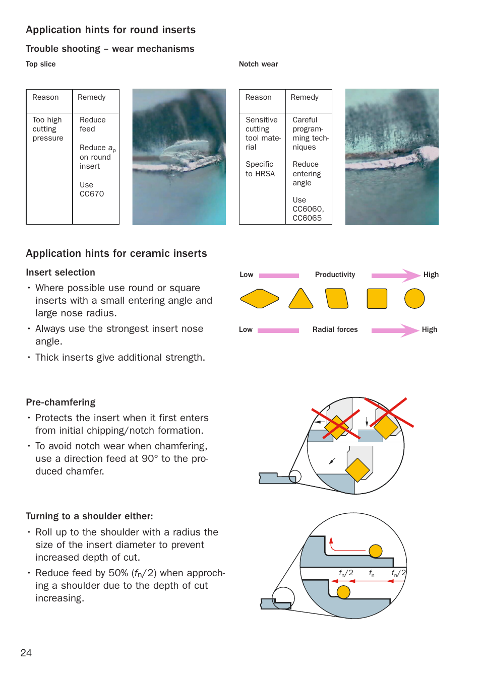 Application hints for ceramic inserts, Application hints for round inserts, Trouble shooting – wear mechanisms | Sandvik Coromant Heat resistant super alloys User Manual | Page 26 / 132