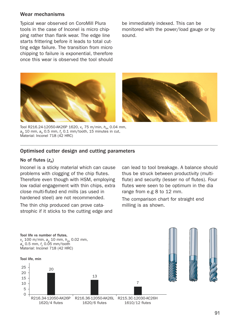 Wear mechanisms, Optimised cutter design and cutting parameters, No of flutes ( z | Sandvik Coromant Heat resistant super alloys User Manual | Page 93 / 132