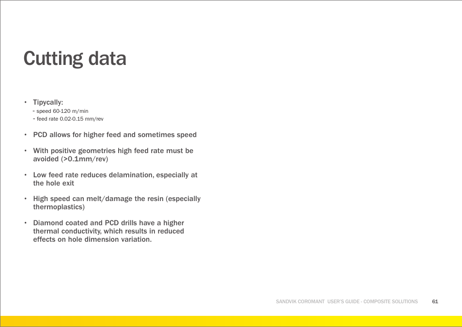 Cutting data | Sandvik Coromant Machining carbon fibre materials User Manual | Page 61 / 63