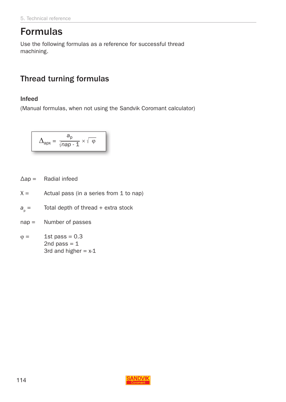 Formulas, Thread turning formulas | Sandvik Coromant Threading User Manual | Page 114 / 118