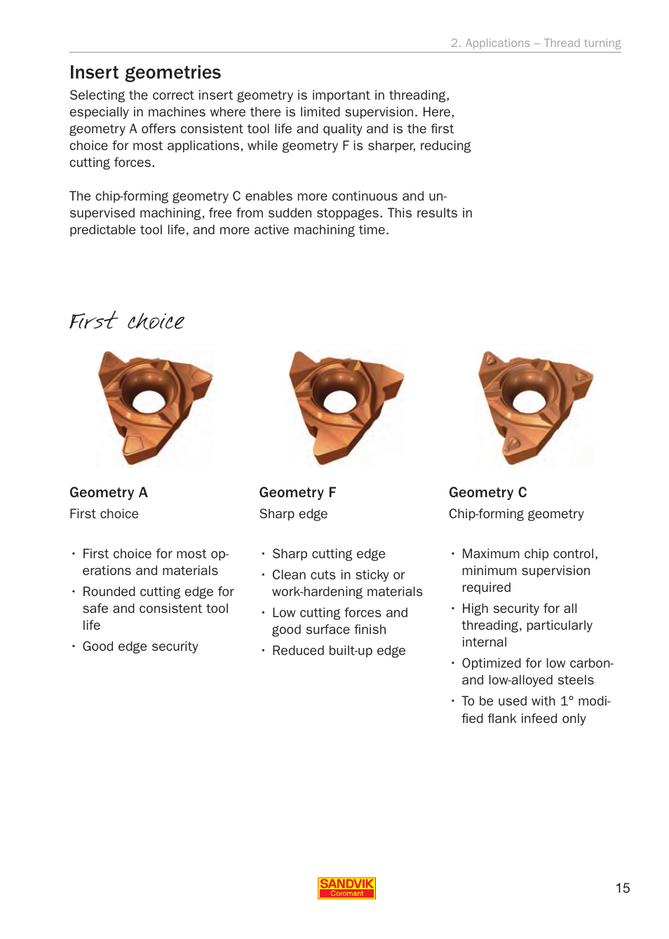 First choice, Insert geometries | Sandvik Coromant Threading User Manual | Page 15 / 118