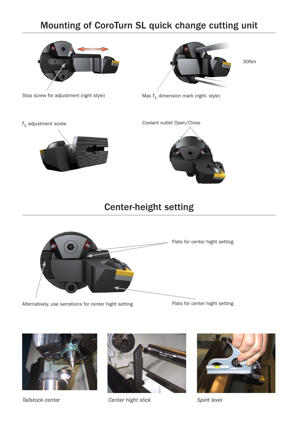 Mounting of coroturn sl quick change cutting unit, Center-height setting | Sandvik Coromant CoroTurn SL quick change User Manual | Page 3 / 4