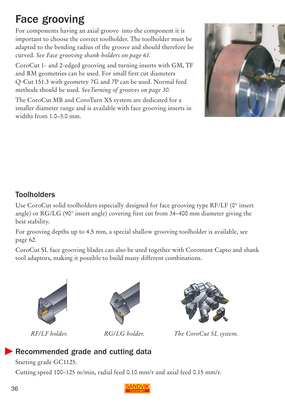 Face grooving, Toolholders, Recommended grade and cutting data | Sandvik Coromant Parting and grooving - users guide User Manual | Page 38 / 84