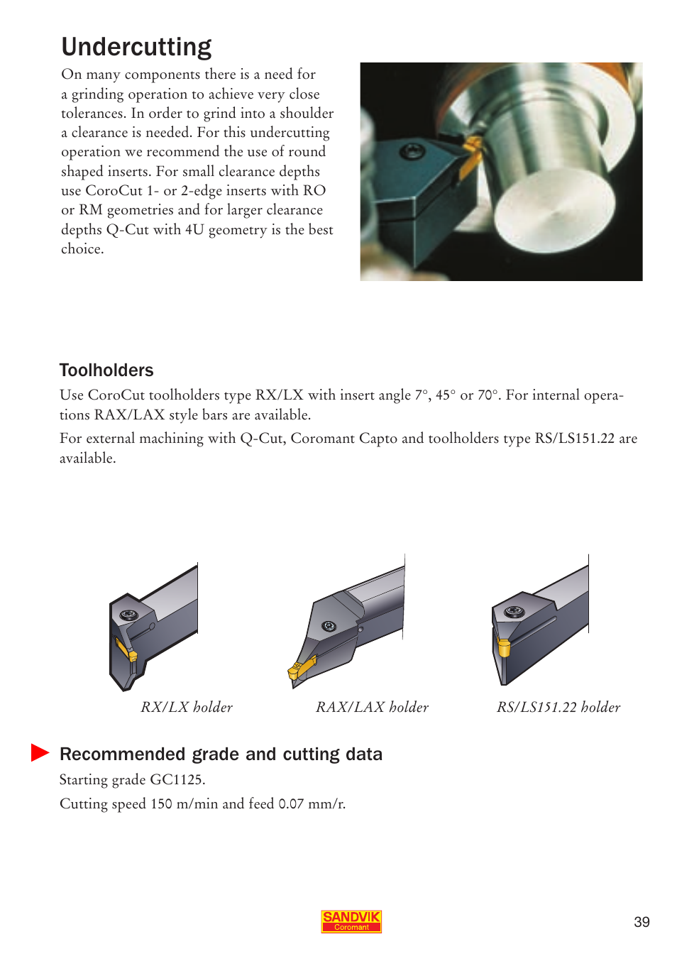 Undercutting, Recommended grade and cutting data, Toolholders | Sandvik Coromant Parting and grooving - users guide User Manual | Page 41 / 84