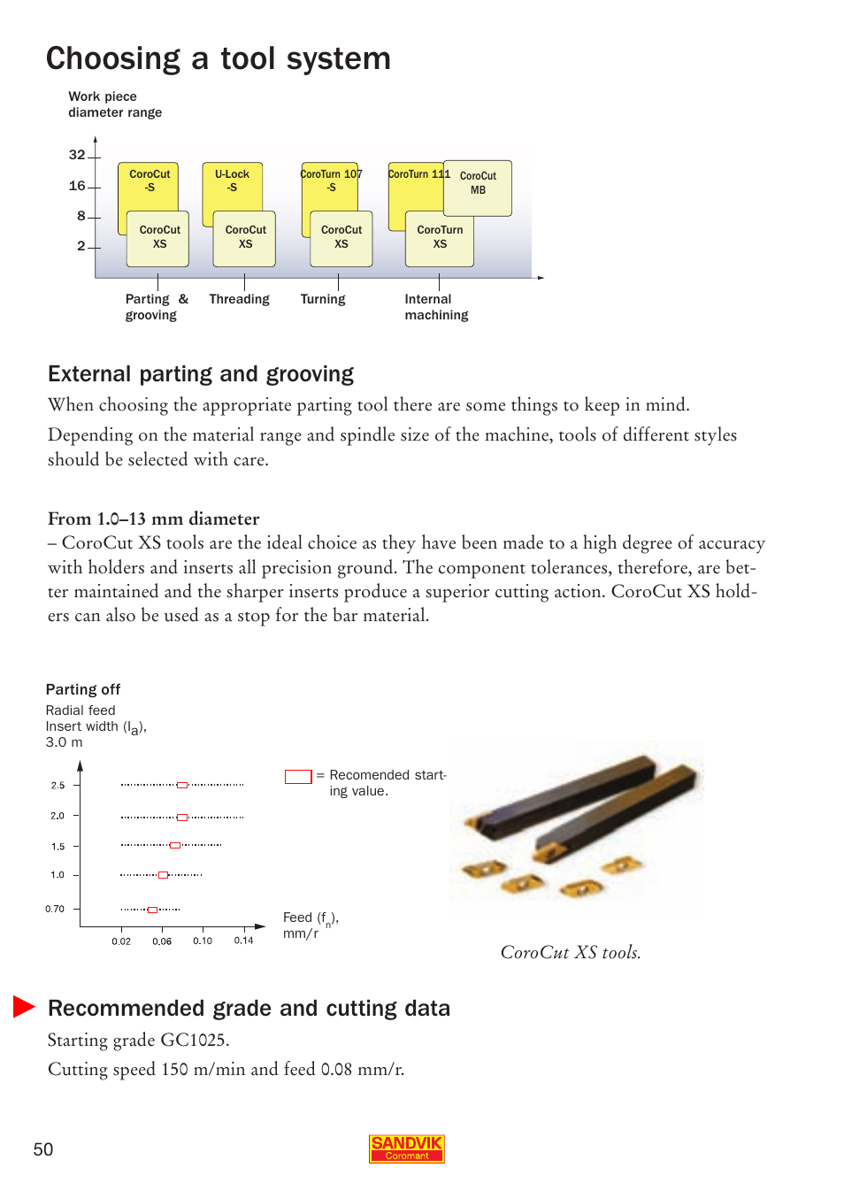 Choosing a tool system, External parting and grooving, Recommended grade and cutting data | Sandvik Coromant Parting and grooving - users guide User Manual | Page 52 / 84