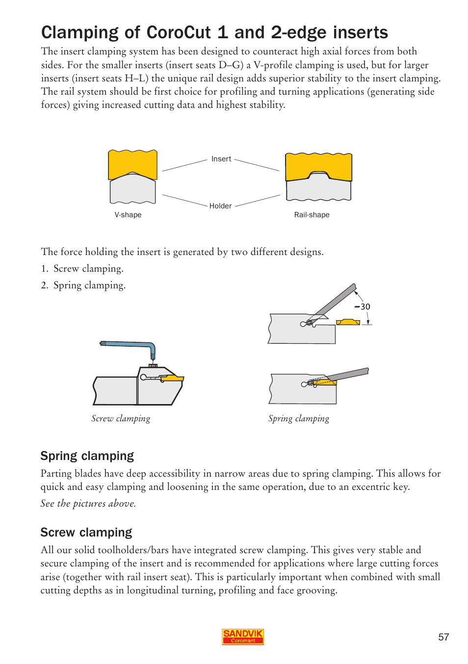 Clamping of corocut 1 and 2-edge inserts, Spring clamping, Screw clamping | Sandvik Coromant Parting and grooving - users guide User Manual | Page 59 / 84