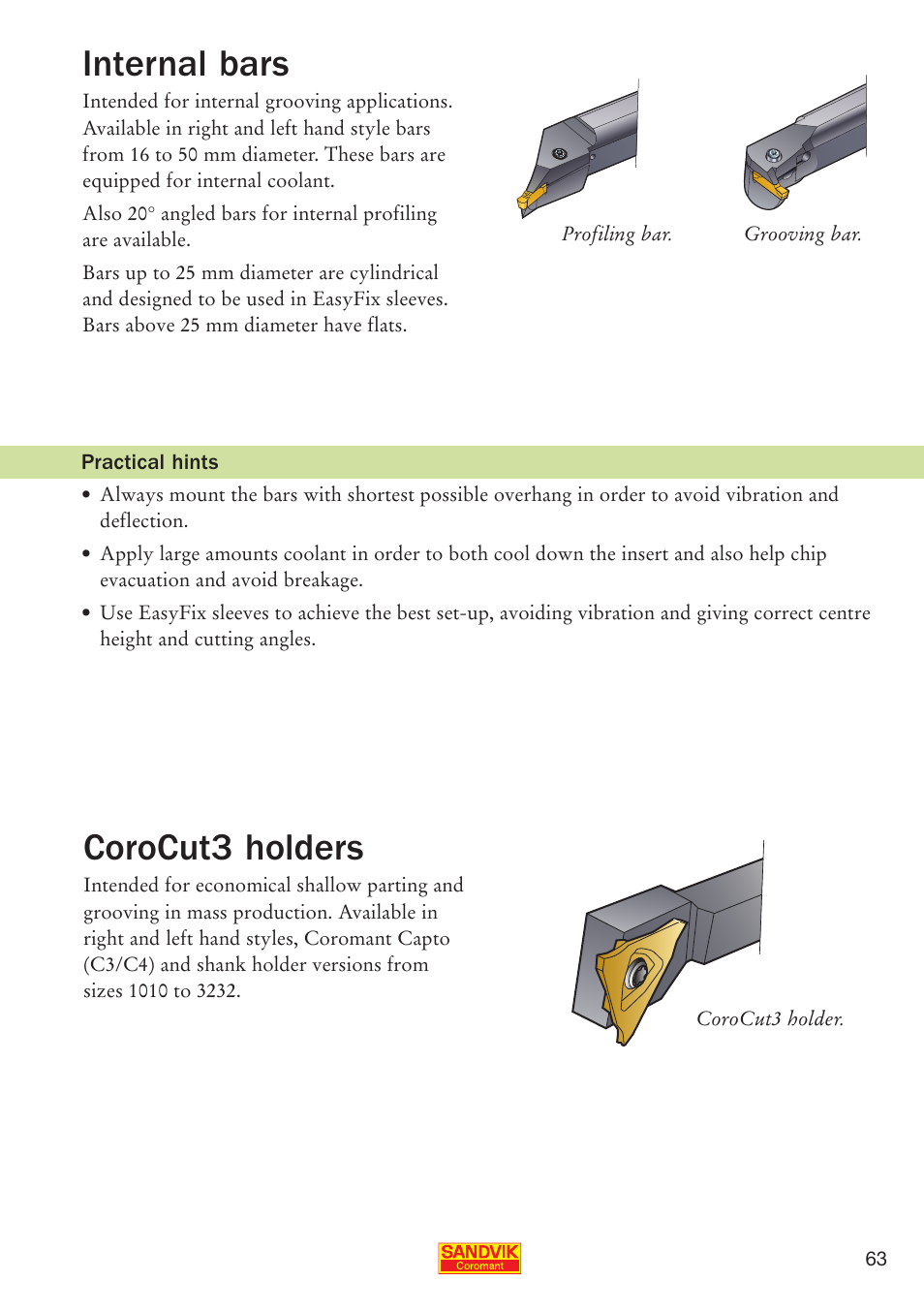 Internal bars, Corocut3 holders | Sandvik Coromant Parting and grooving - users guide User Manual | Page 65 / 84