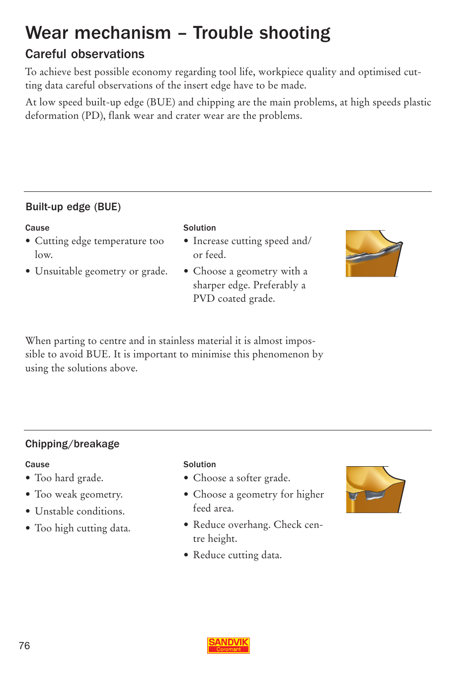 Wear mechanism – trouble shooting, Careful observations | Sandvik Coromant Parting and grooving - users guide User Manual | Page 78 / 84