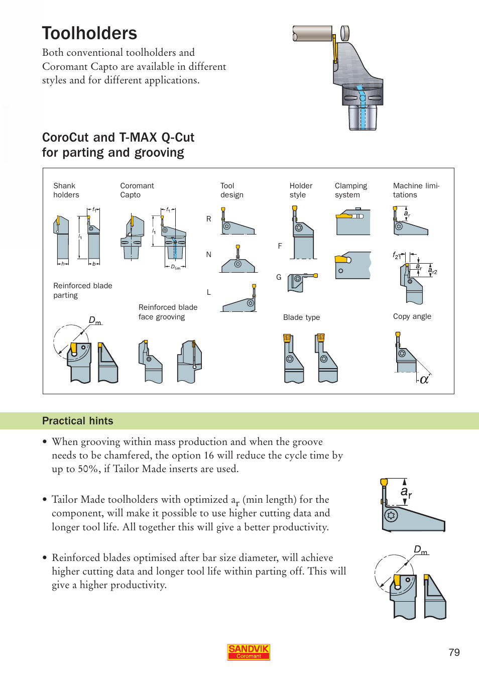 Toolholders, Corocut and t-max q-cut for parting and grooving, Practical hints | Sandvik Coromant Parting and grooving - users guide User Manual | Page 81 / 84