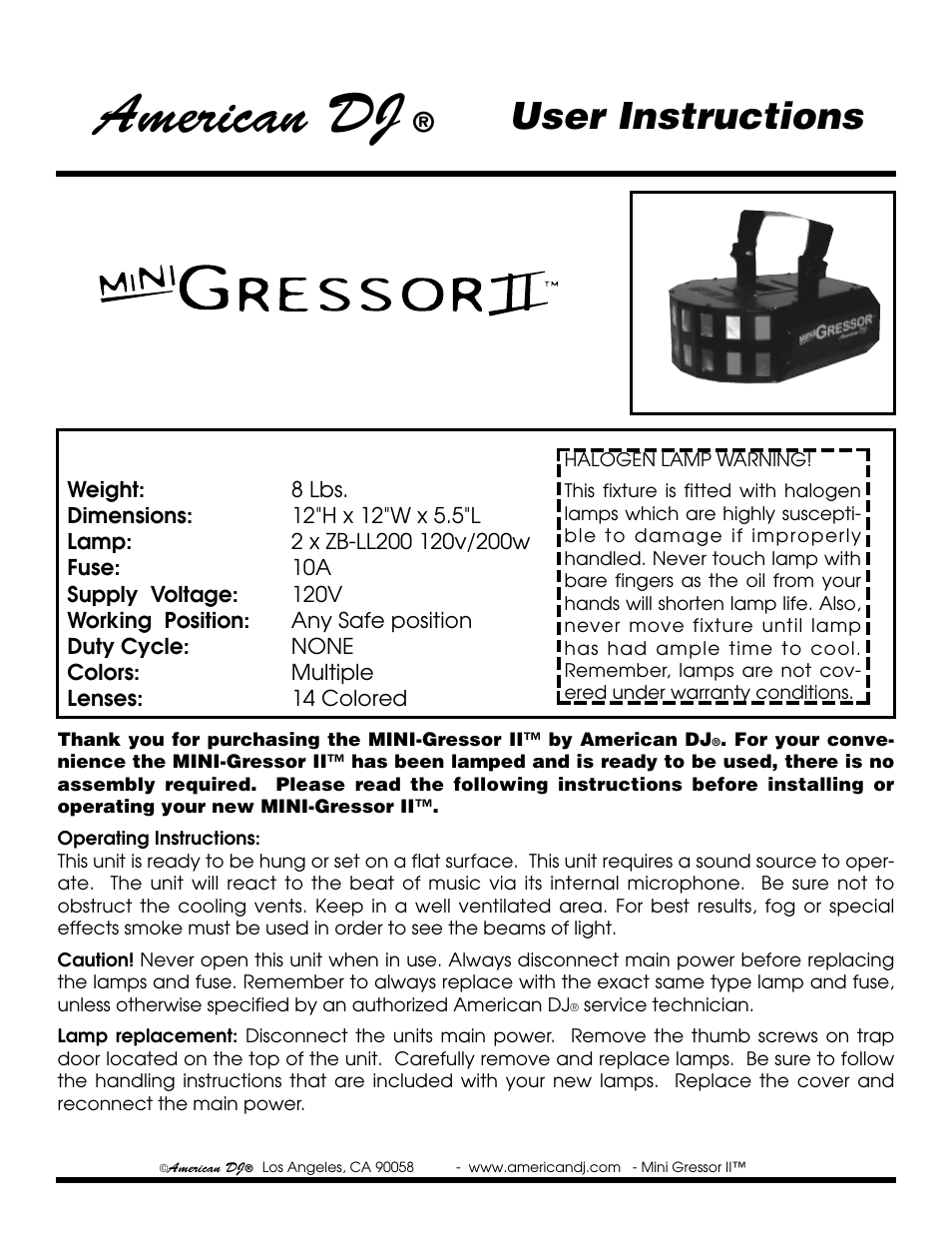 American DJ Mini-Gressor II User Manual | 1 page