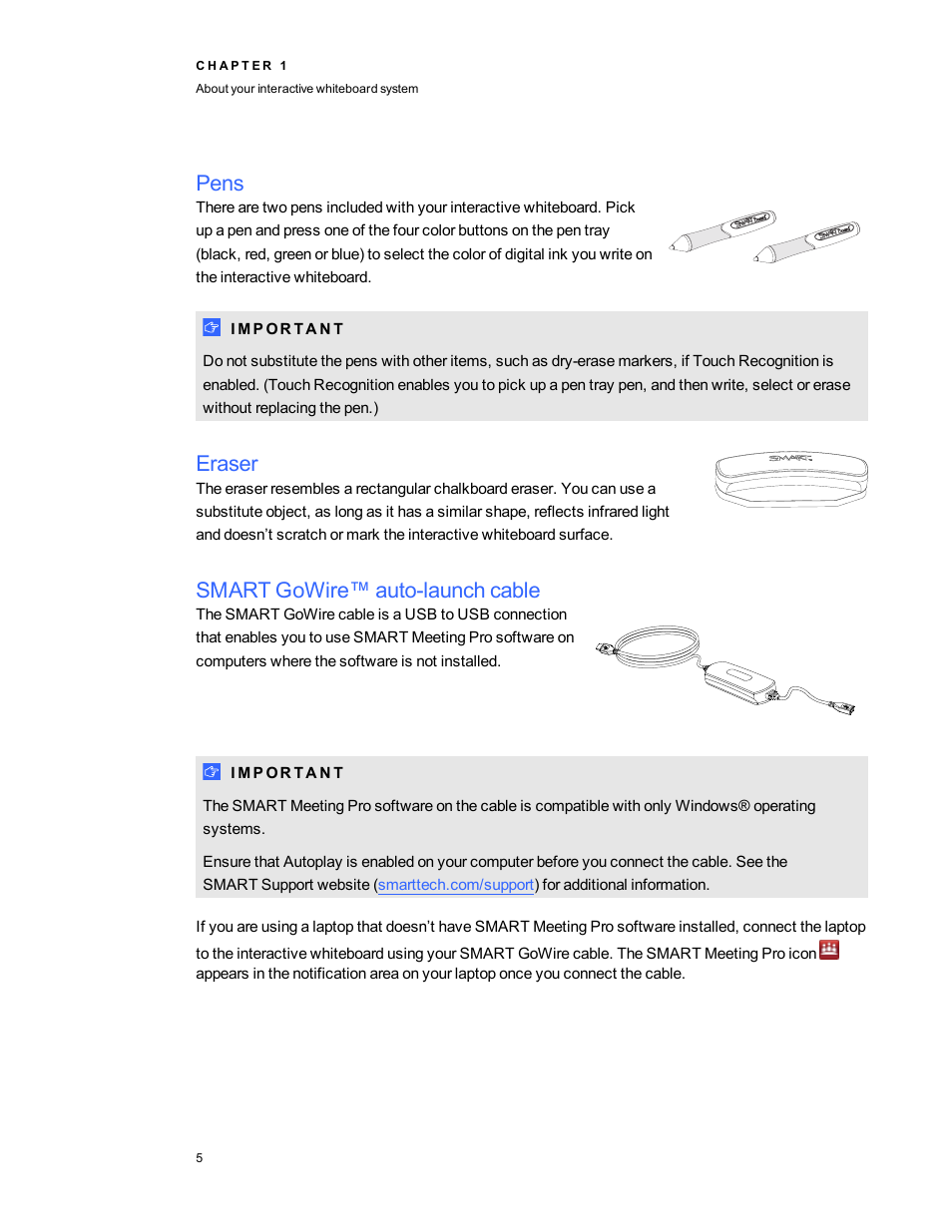 Pens, Eraser, Smart gowire™ auto-launch cable | Smart Technologies 800i5e-SMP User Manual | Page 17 / 118