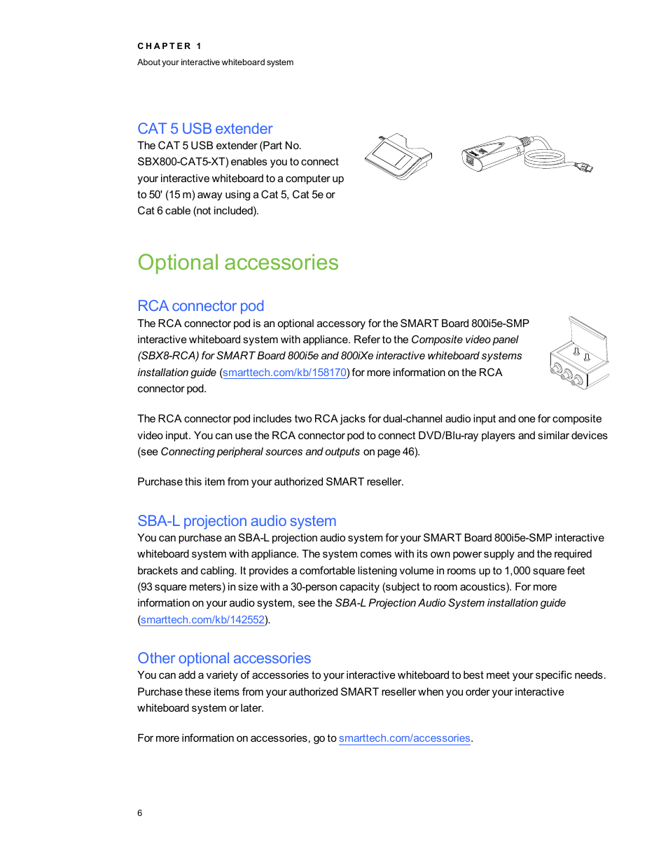 Cat 5 usb extender, Optional accessories, Rca connector pod | Sba-l projection audio system, Other optional accessories | Smart Technologies 800i5e-SMP User Manual | Page 18 / 118