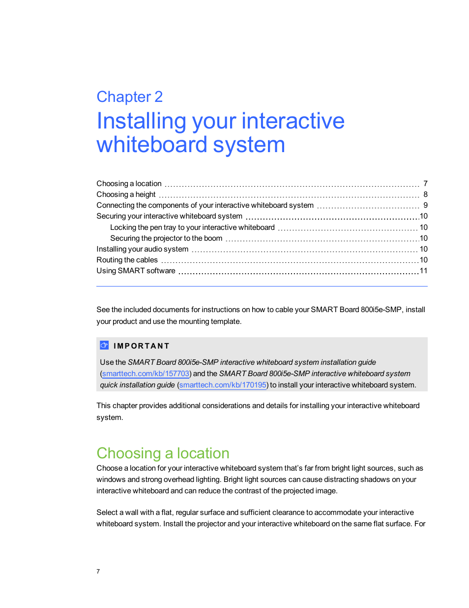 Choosing a location, Chapter 2 | Smart Technologies 800i5e-SMP User Manual | Page 19 / 118