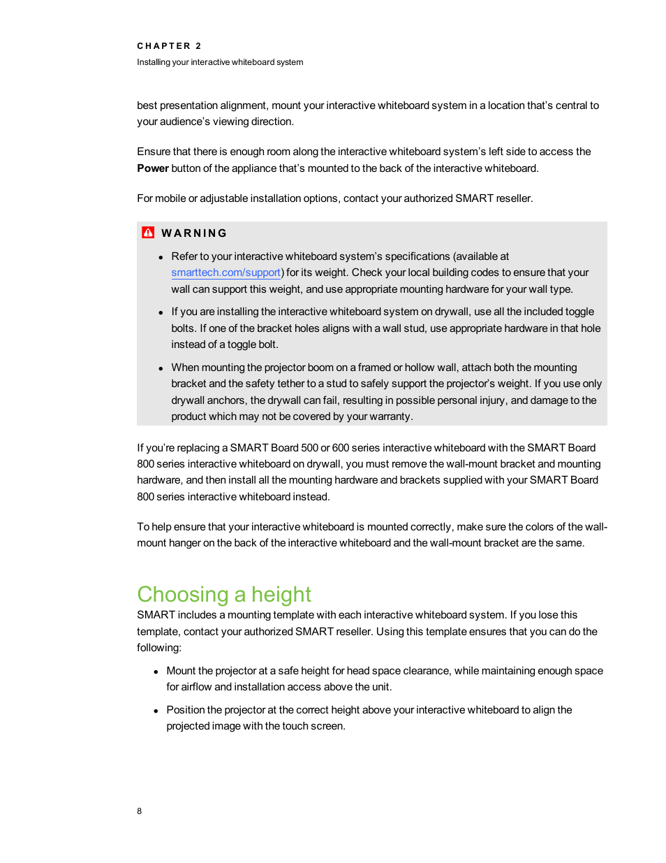 Choosing a height | Smart Technologies 800i5e-SMP User Manual | Page 20 / 118