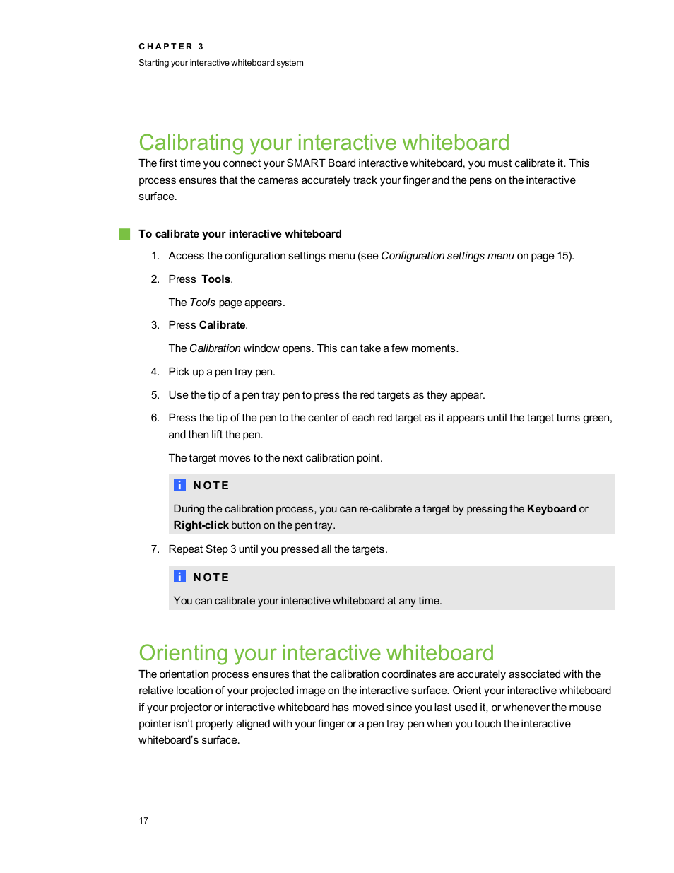 Calibrating your interactive whiteboard, Orienting your interactive whiteboard | Smart Technologies 800i5e-SMP User Manual | Page 29 / 118