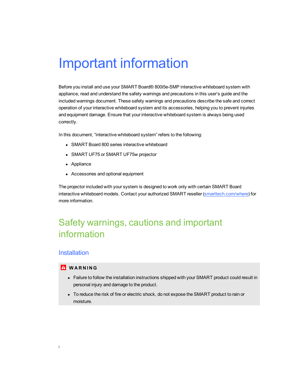 Important information, Installation | Smart Technologies 800i5e-SMP User Manual | Page 3 / 118