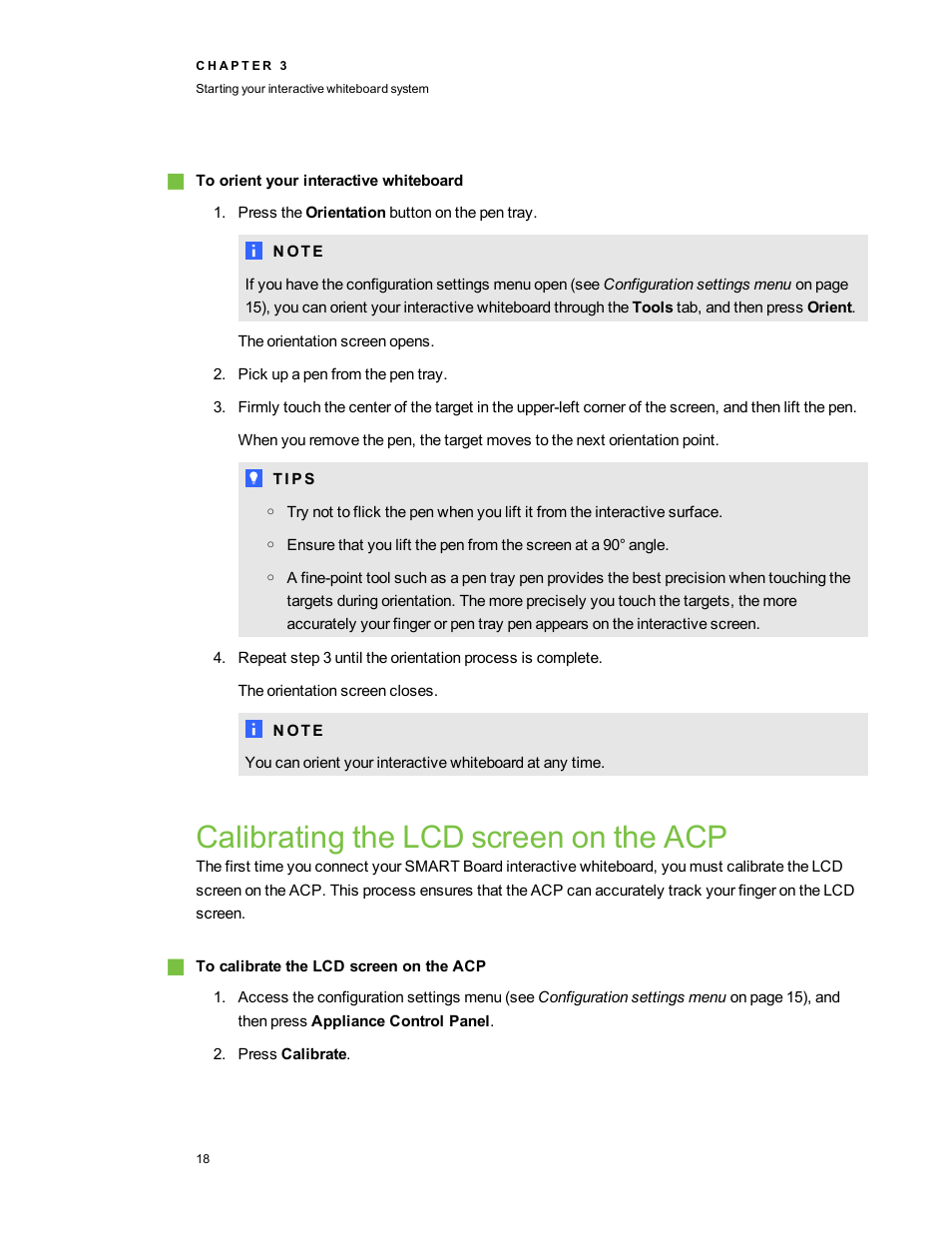 Calibrating the lcd screen on the acp | Smart Technologies 800i5e-SMP User Manual | Page 30 / 118