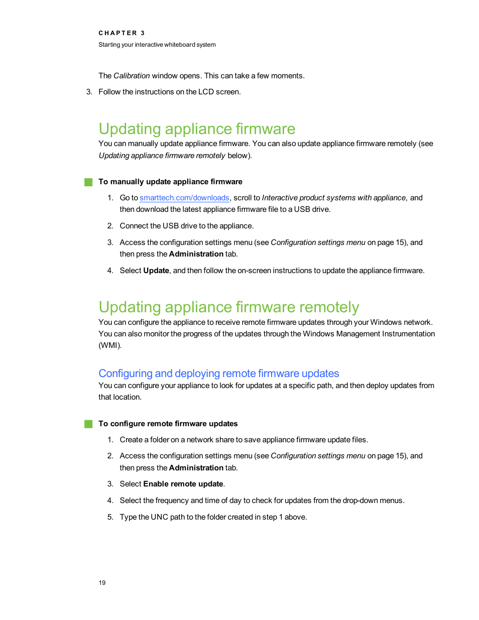 Updating appliance firmware, Updating appliance firmware remotely, Configuring and deploying remote firmware updates | Smart Technologies 800i5e-SMP User Manual | Page 31 / 118