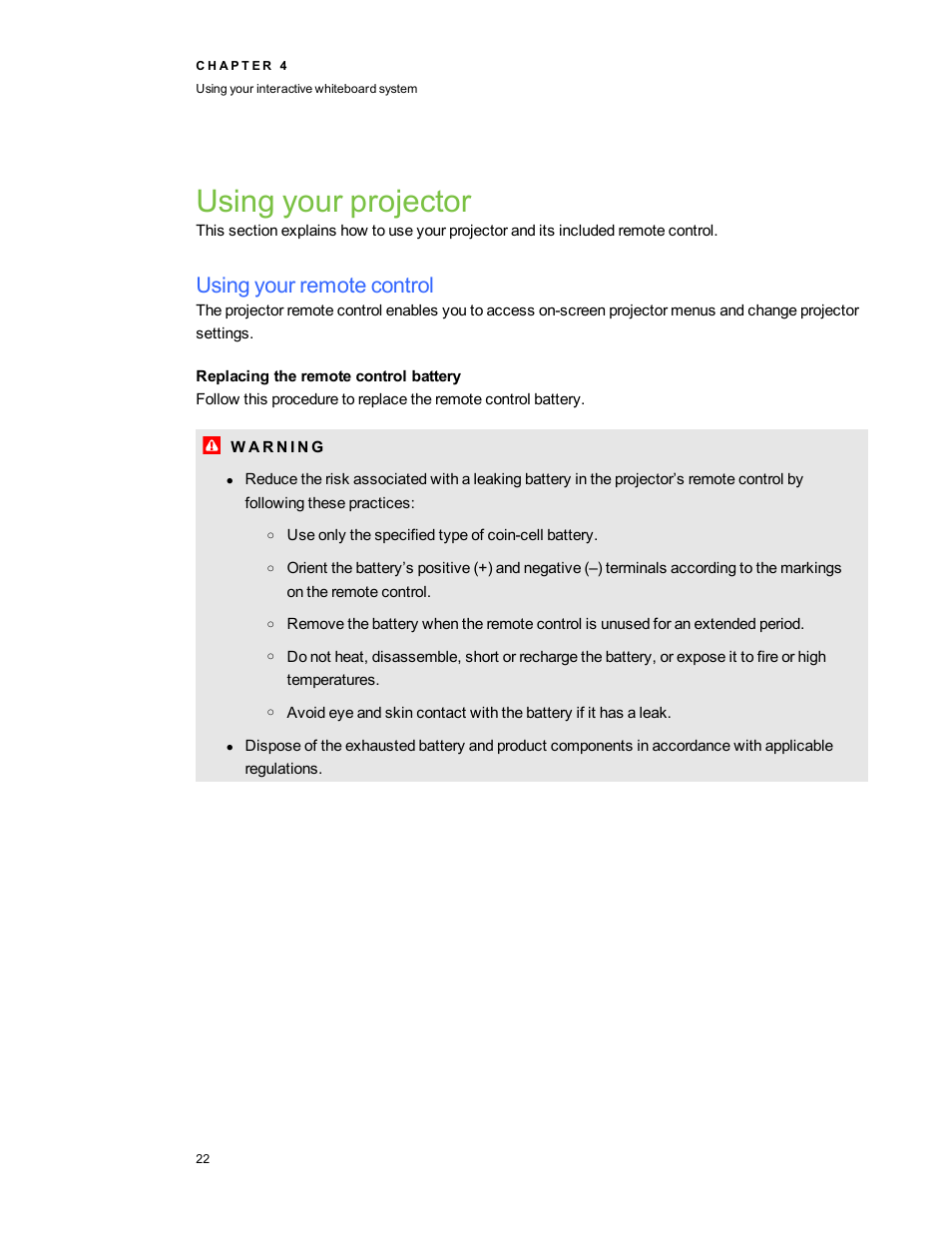 Using your projector, Using your remote control, Replacing the remote control battery | Smart Technologies 800i5e-SMP User Manual | Page 34 / 118