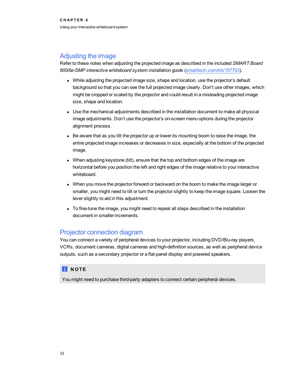 Adjusting the image, Projector connection diagram | Smart Technologies 800i5e-SMP User Manual | Page 45 / 118